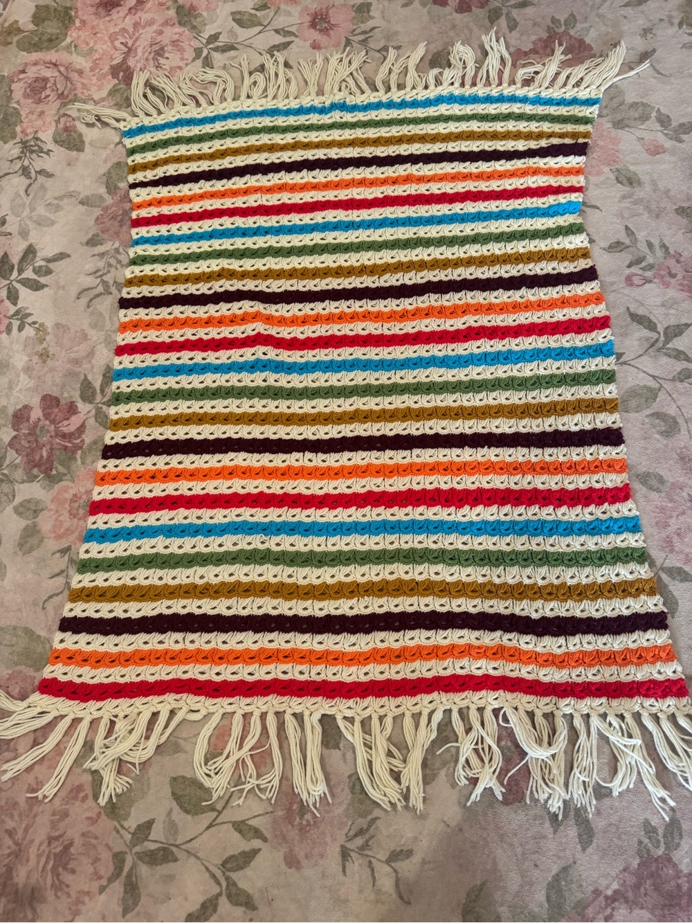 VTG Handmade Crochet Afghan Throw Blanket 39x57 | 70s Retro Boho Stripe Fringe